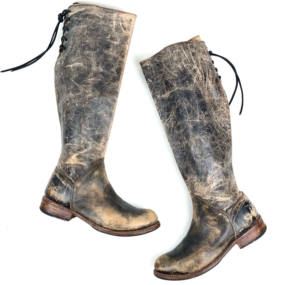 Bedstu Tall Leather Boots Manchester Distressed Brown Lace Back Low Heel Size 9 - Picture 1 of 12